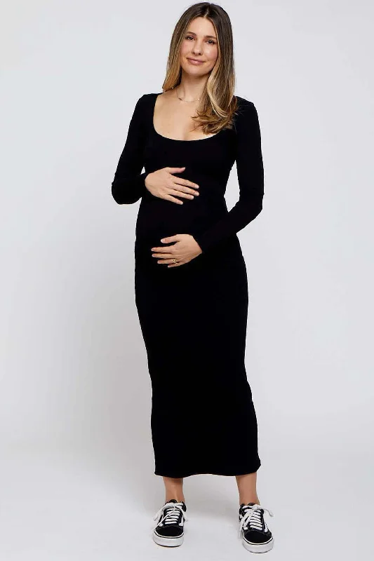 Black Ribbed Scoop Neck Maternity Midi Dress Stylish Off-Shoulder Ruffle Dress