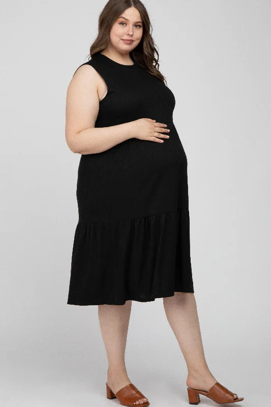 Black Ribbed Sleeveless Plus Maternity Midi Dress Comfortable Denim Midi Dress