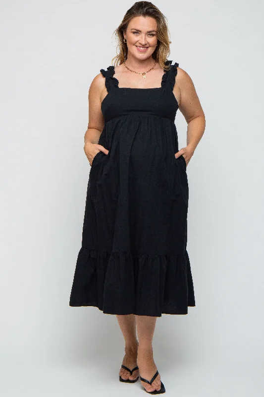 Black Ruffle Strap Back Tie Maternity Plus Midi Dress Fashionable High-Low Midi Dress Black Ruffle Strap Back Tie Maternity Plus Midi Dress Fashionable High-Low Midi Dress