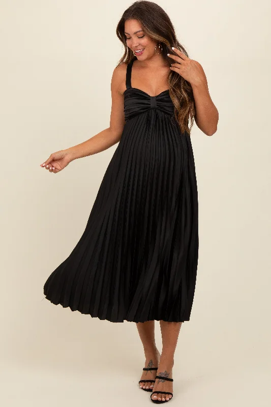 Black Satin Pleated Sweetheart Maternity Midi Dress Comfortable Denim Midi Dress