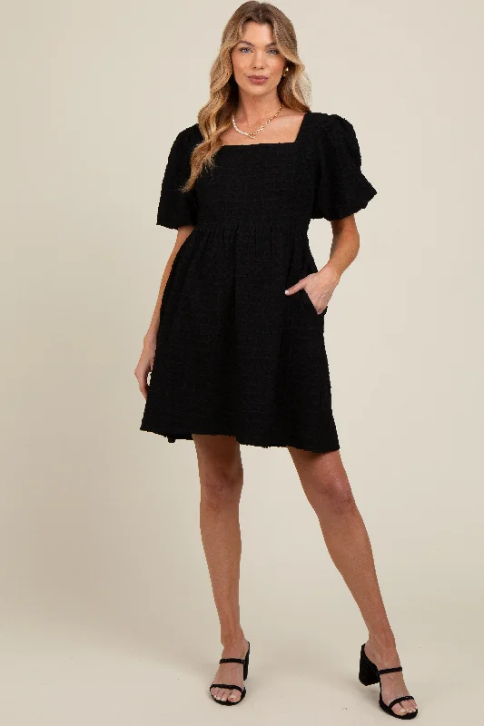 Black Textured Bubble Sleeve Maternity Mini Dress Comfortable Wrap Mini Dress