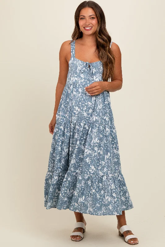 Blue Floral Tiered Maternity Midi Dress Cozy Wide Strap Midi Dress