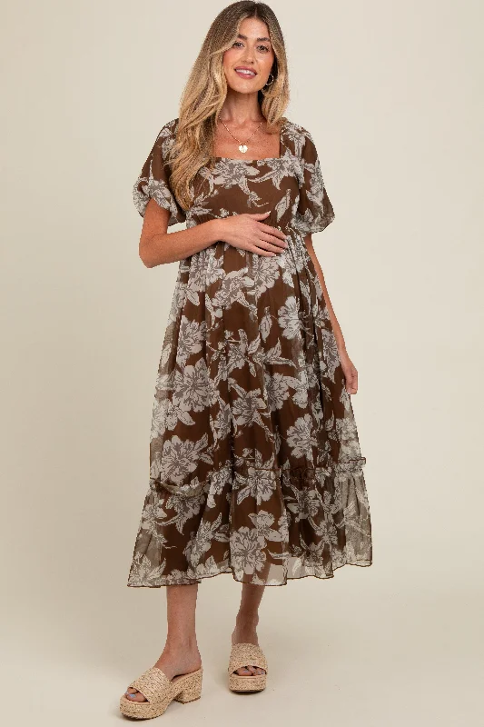 Brown Floral Chiffon Ruffle Hem Maternity Midi Dress Cozy T-shirt Midi Dress