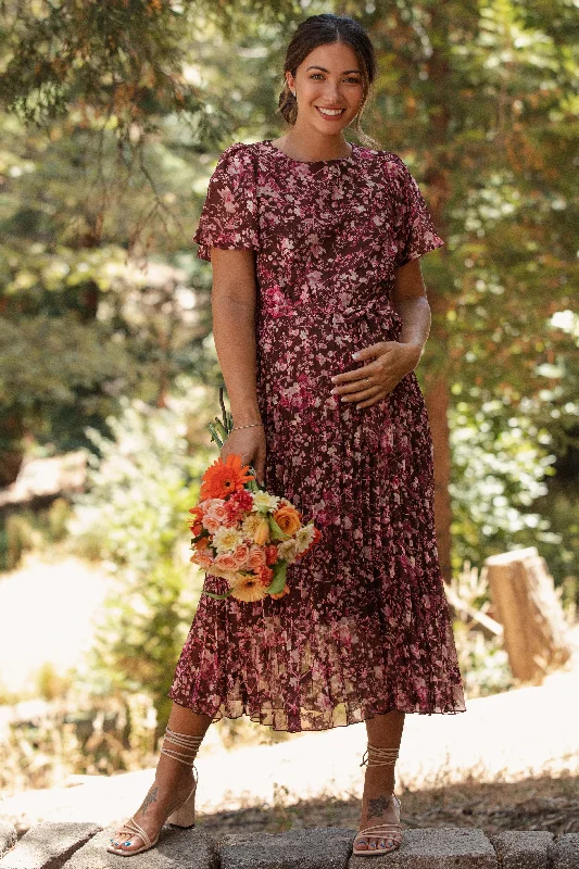 Brown Floral Pleated Maternity Midi Dress Comfortable Empire Waist Midi Dress
