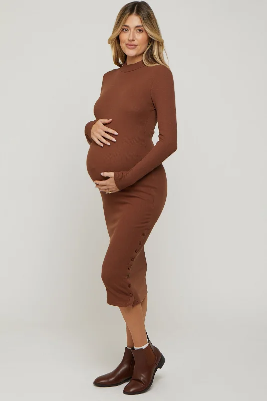 Brown Ribbed Mock Neck Button Side Slit Maternity Midi Dress Fashionable Pleated Midi Dress Brown Ribbed Mock Neck Button Side Slit Maternity Midi Dress Fashionable Pleated Midi Dress