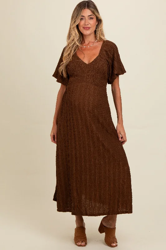 Brown Smocked V-Neck Short Puff Sleeve Textured Maternity Midi Dress Comfortable Denim Midi Dress Brown Smocked V-Neck Short Puff Sleeve Textured Maternity Midi Dress Comfortable Denim Midi Dress