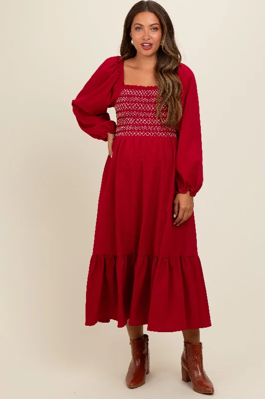 Burgundy Contrast Smocked Balloon Sleeve Maternity Midi Dress Comfortable Casual Midi Dress Burgundy Contrast Smocked Balloon Sleeve Maternity Midi Dress Comfortable Casual Midi Dress