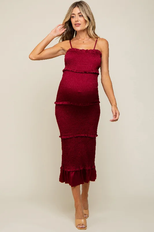 Burgundy Satin Smocked Fitted Maternity Midi Dress Comfortable Short Sleeve Midi Dress Burgundy Satin Smocked Fitted Maternity Midi Dress Comfortable Short Sleeve Midi Dress