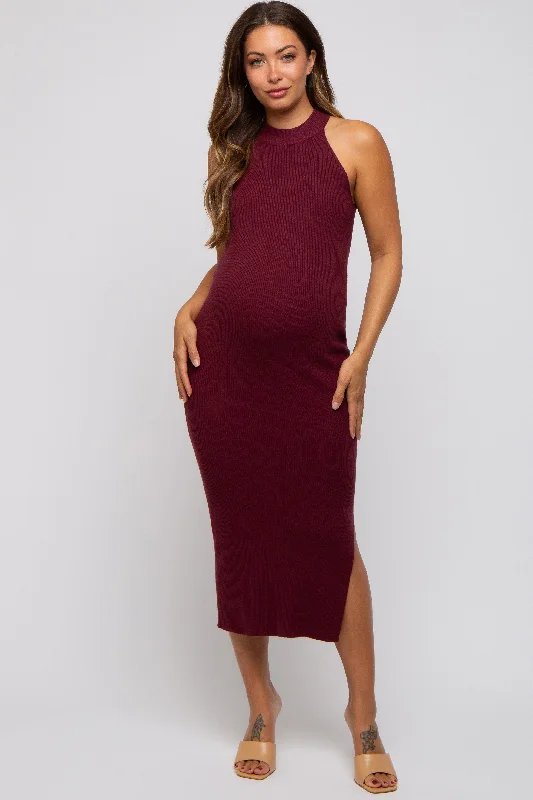 Burgundy Sleeveless Side Slit Maternity Midi Dress Comfortable Deep V Midi Dress