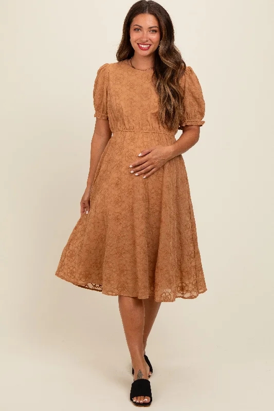 Camel Floral Embroidered Overlay Maternity Midi Dress Cozy T-shirt Midi Dress