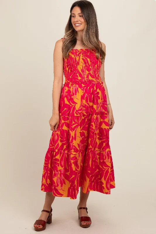 Coral Tropical Smocked Ruffle Tiered Maternity Midi Dress Fashionable Pleated Midi Dress Coral Tropical Smocked Ruffle Tiered Maternity Midi Dress Fashionable Pleated Midi Dress
