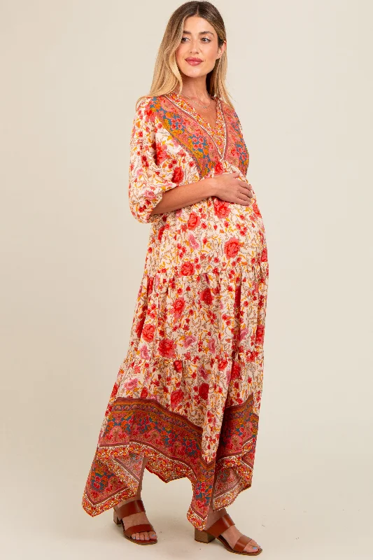 Cream Floral Border Print V-Neck Tiered Maternity Midi Dress Stylish Pleated Skirt Midi Dress Cream Floral Border Print V-Neck Tiered Maternity Midi Dress Stylish Pleated Skirt Midi Dress