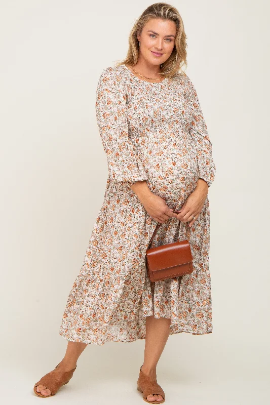 Cream Floral Smocked 3/4 Sleeve Maternity Plus Midi Dress Elegant Satin Button Midi Dress Cream Floral Smocked 3/4 Sleeve Maternity Plus Midi Dress Elegant Satin Button Midi Dress