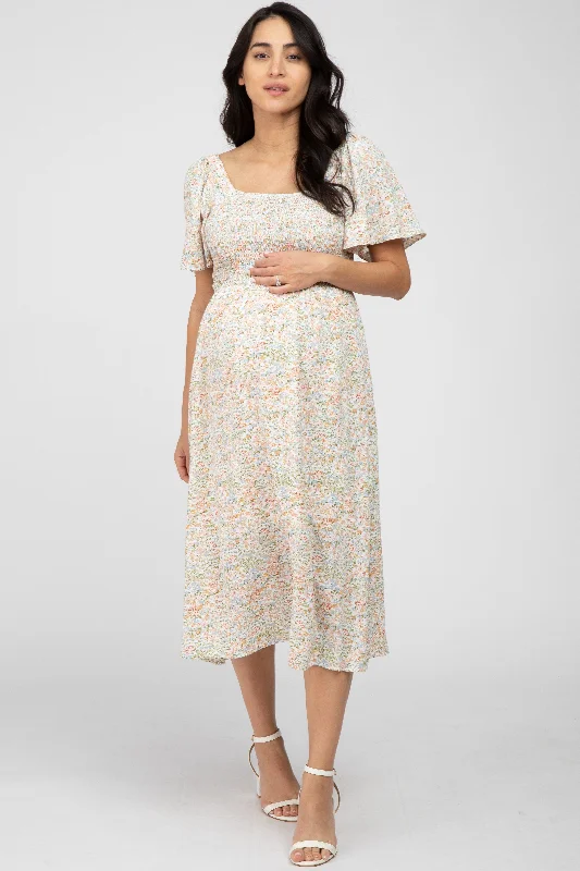 Cream Floral Smocked Square Neck Maternity Midi Dress Stylish Cold Shoulder Midi Dress Cream Floral Smocked Square Neck Maternity Midi Dress Stylish Cold Shoulder Midi Dress