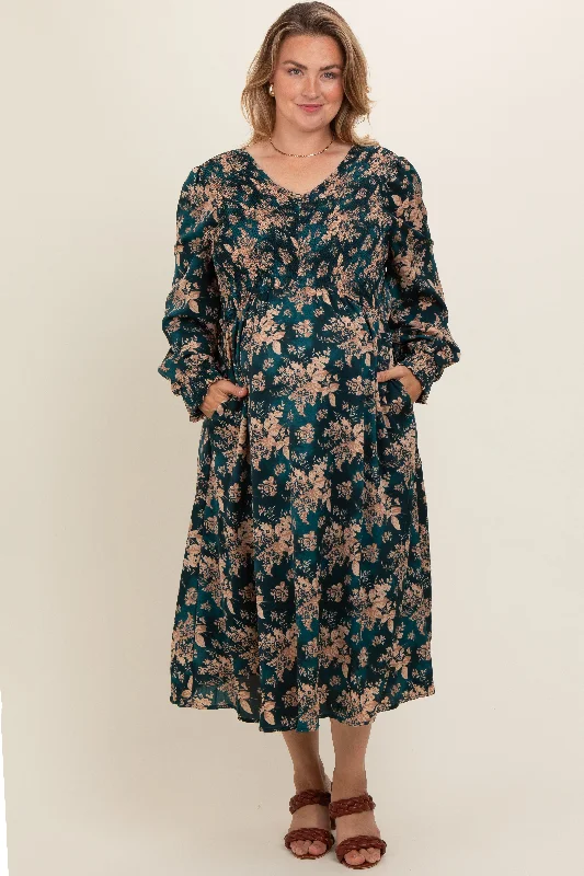 Dark Teal Floral Plus Maternity Midi Dress Stylish Off-Shoulder Ruffle Dress