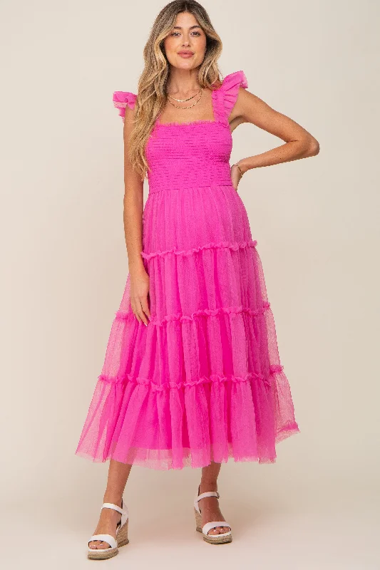 Fuchsia Smocked Mesh Ruffle Accent Maternity Midi Dress Trendy Smocked Waist Midi Dress Fuchsia Smocked Mesh Ruffle Accent Maternity Midi Dress Trendy Smocked Waist Midi Dress