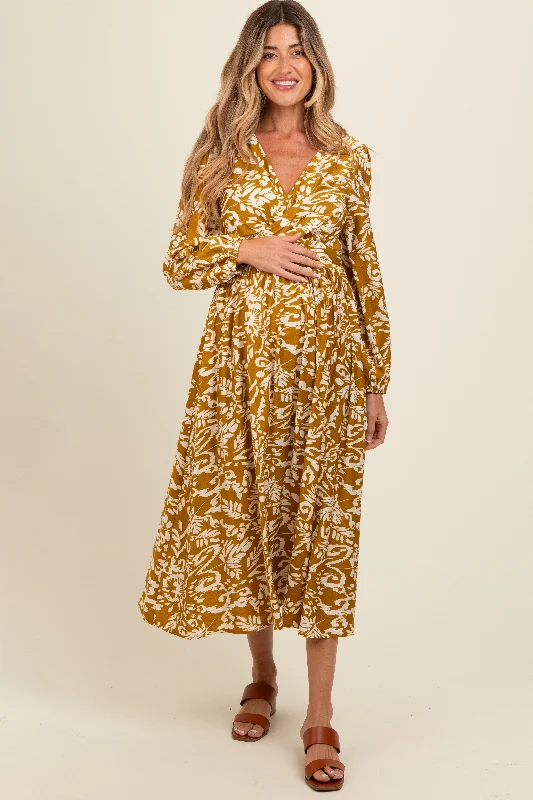 Gold Abstract Floral Gathered Front Maternity Midi Dress Elegant Maxi-Midi Hybrid Dress Gold Abstract Floral Gathered Front Maternity Midi Dress Elegant Maxi-Midi Hybrid Dress