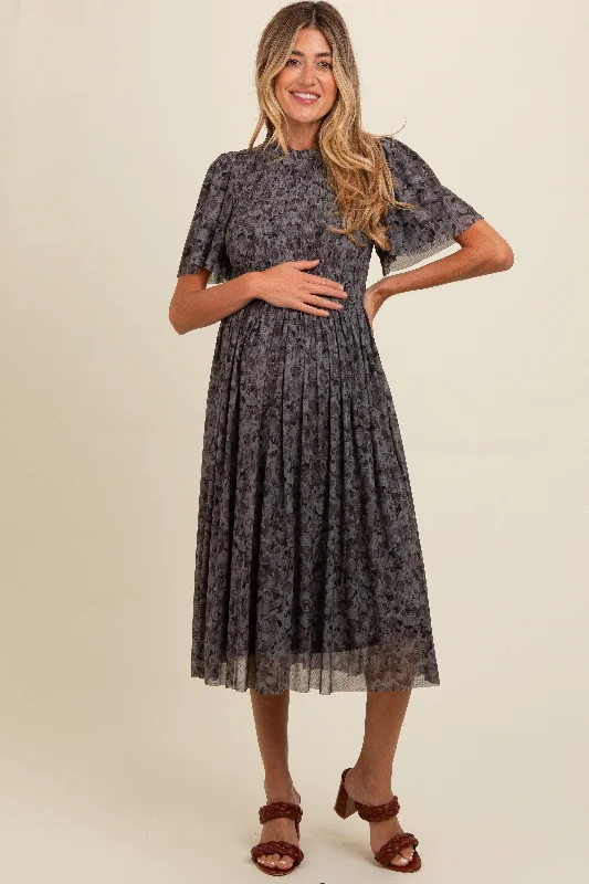Grey Floral Smocked Maternity Midi Dress Trendy Boho Midi Dress