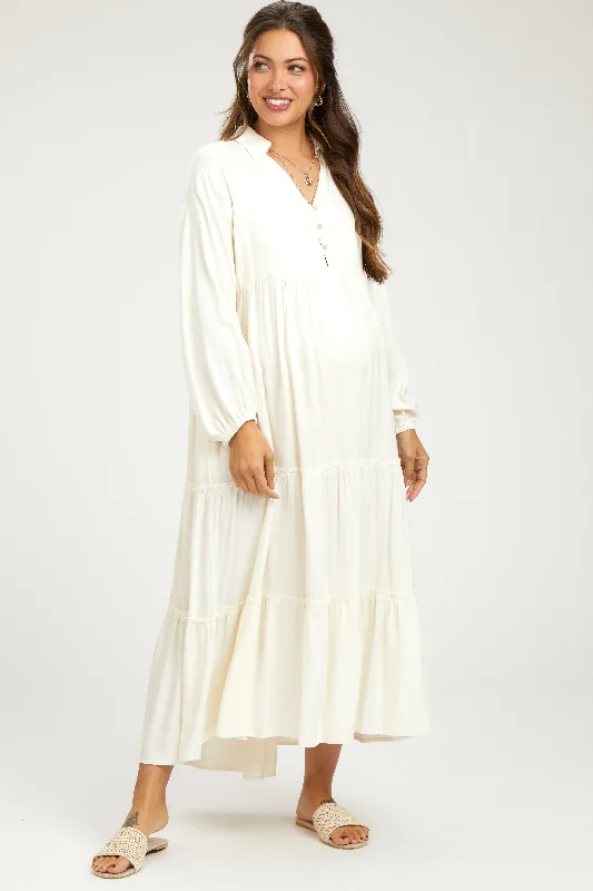 Ivory Button Front V-Neck Ruffle Tiered Maternity Midi Dress Stylish Color Block Midi Dress Ivory Button Front V-Neck Ruffle Tiered Maternity Midi Dress Stylish Color Block Midi Dress