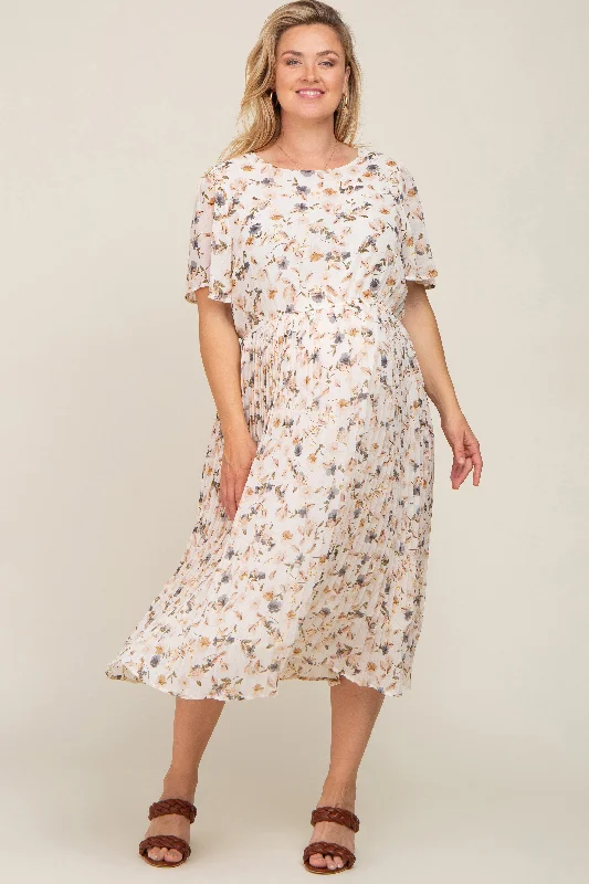 Ivory Floral Chiffon Pleated Short Sleeve Maternity Plus Midi Dress Trendy Fit-and-Flare Midi Dress Ivory Floral Chiffon Pleated Short Sleeve Maternity Plus Midi Dress Trendy Fit-and-Flare Midi Dress
