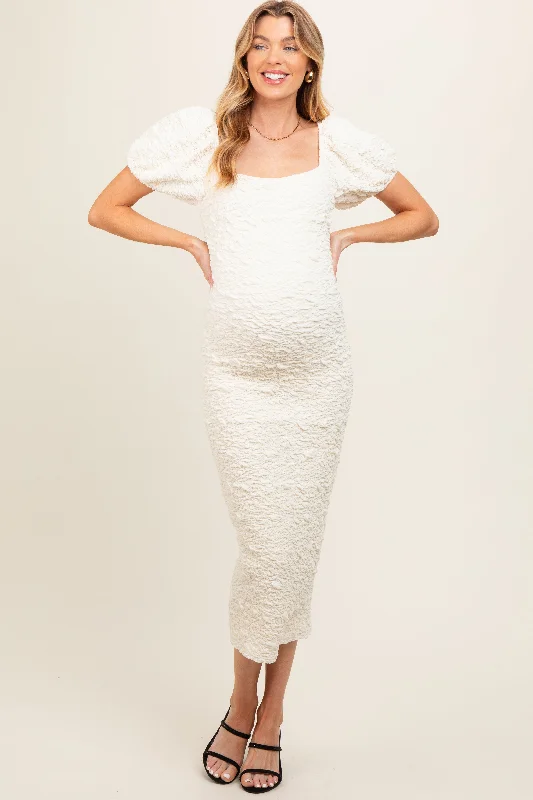 Ivory Textured Square Neck Puff Sleeve Maternity Midi Dress Cozy Midi Dress with Pockets Ivory Textured Square Neck Puff Sleeve Maternity Midi Dress Cozy Midi Dress with Pockets