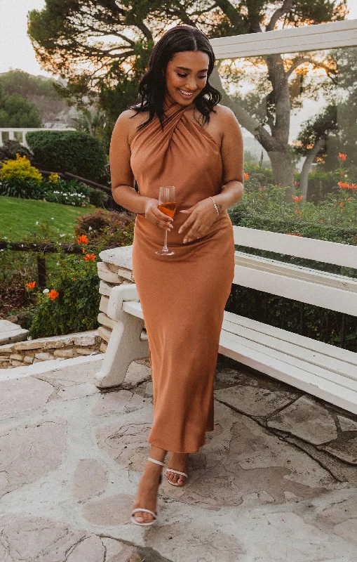 Jasmine Halter Midi Dress ~ Copper Luxe Satin Trendy Square Neck Midi Dress