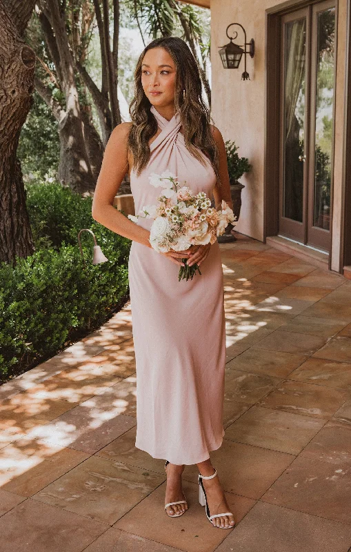 Jasmine Halter Midi Dress ~ Dusty Blush Crisp Comfortable Fit-and-Flare Midi Dress