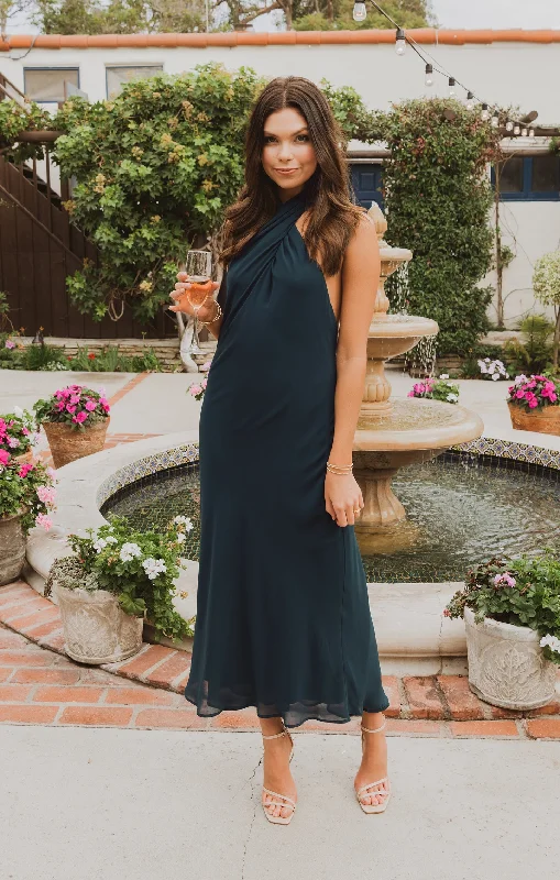 Jasmine Halter Midi Dress ~ Emerald Chiffon Trendy Off-Shoulder Ruffle Midi Dress