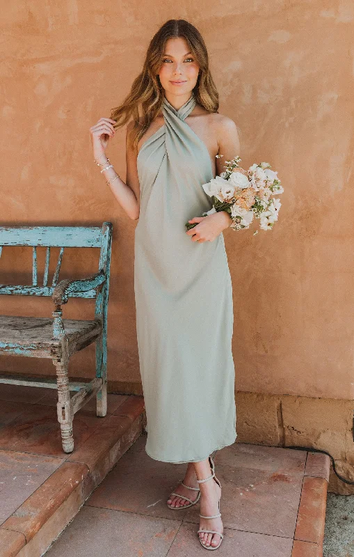 Jasmine Halter Midi Dress ~ Moss Green Crisp Cozy Spaghetti Strap Midi Dress