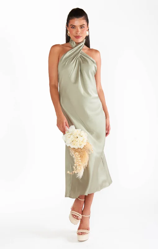 Jasmine Halter Midi Dress ~ Moss Green Luxe Satin Elegant Velvet Midi Dress