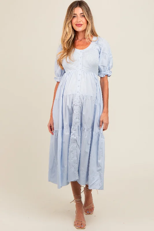 Light Blue Contrast Top Tiered Maternity Midi Dress Comfortable Geometric Print Midi Dress Light Blue Contrast Top Tiered Maternity Midi Dress Comfortable Geometric Print Midi Dress
