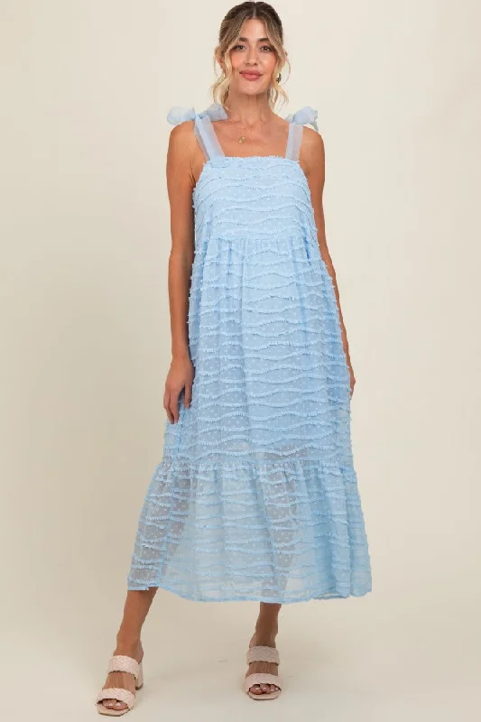 Light Blue Textured Shoulder Tie Maternity Midi Dress Comfortable Stretch Midi Dress Light Blue Textured Shoulder Tie Maternity Midi Dress Comfortable Stretch Midi Dress