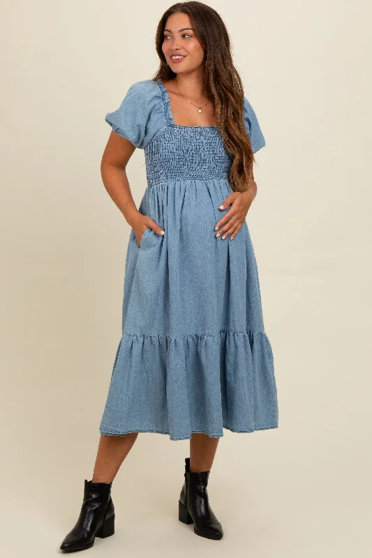 Light Blue Vintage Wash Chambray Smocked Maternity Midi Dress Cozy A-Line Midi Dress