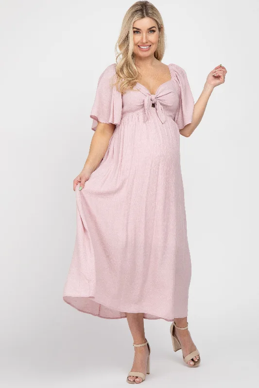 Light Pink Front Tie Ruffle Sleeve Maternity Midi Dress Elegant Puff Sleeve Midi Dress Light Pink Front Tie Ruffle Sleeve Maternity Midi Dress Elegant Puff Sleeve Midi Dress