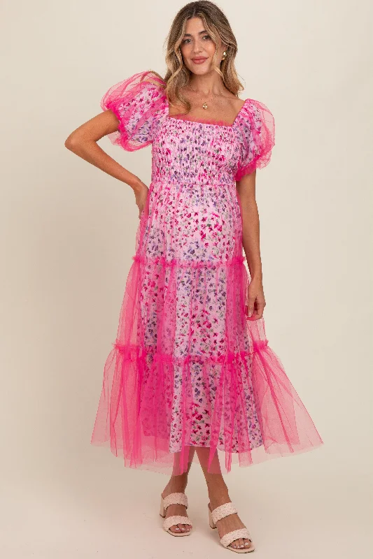 Magenta Floral Lined Smocked Tulle Maternity Midi Dress Elegant Sleeveless Midi Dress Magenta Floral Lined Smocked Tulle Maternity Midi Dress Elegant Sleeveless Midi Dress