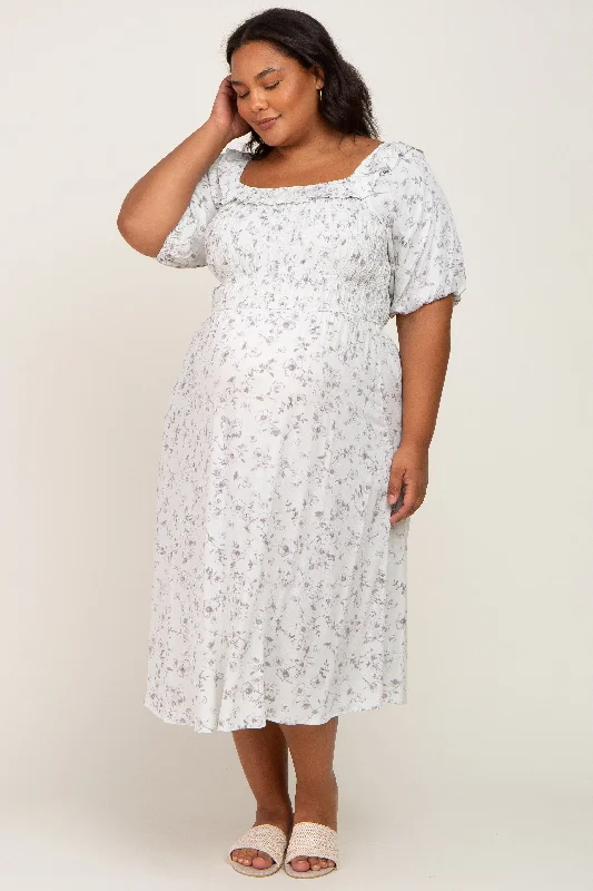 Mint Green Floral Smocked Puff Sleeve Maternity Plus Midi Dress Trendy Smocked Detail Midi Dress Mint Green Floral Smocked Puff Sleeve Maternity Plus Midi Dress Trendy Smocked Detail Midi Dress