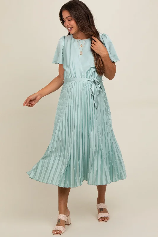 Mint Green Satin Pleated Sash Tie Maternity Midi Dress Fashionable One-Shoulder Midi Dress Mint Green Satin Pleated Sash Tie Maternity Midi Dress Fashionable One-Shoulder Midi Dress