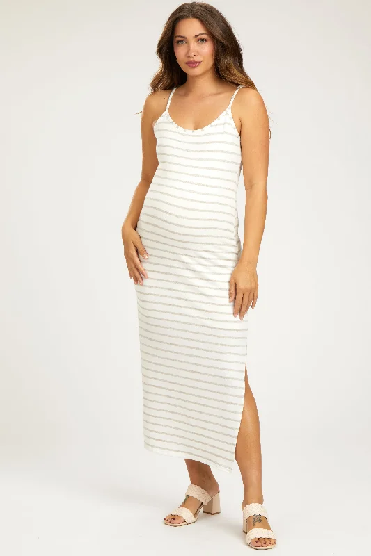 Mocha Striped Knit Side Slit Sleeveless Maternity Midi Dress Stylish Midi Dress with Cuffs Mocha Striped Knit Side Slit Sleeveless Maternity Midi Dress Stylish Midi Dress with Cuffs