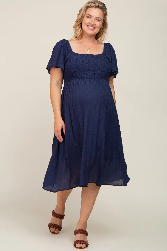 Navy Blue Smocked Square Neck Flutter Short Sleeve Maternity Plus Midi Dress Comfortable Short Sleeve Midi Dress Navy Blue Smocked Square Neck Flutter Short Sleeve Maternity Plus Midi Dress Comfortable Short Sleeve Midi Dress