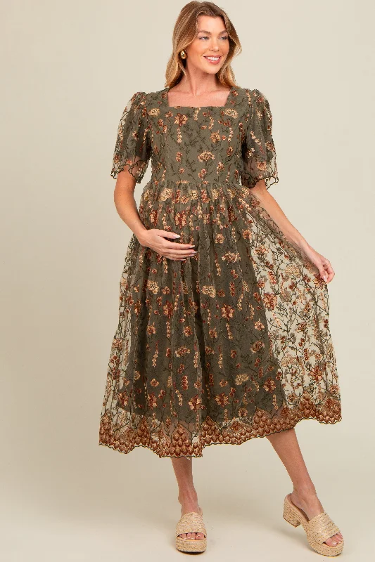 Olive Floral Embroidered Mesh Overlay Maternity Midi Dress Stylish Halter Neck Midi Dress Olive Floral Embroidered Mesh Overlay Maternity Midi Dress Stylish Halter Neck Midi Dress