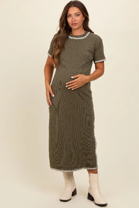 Olive Green Ribbed Embroidered Trim Short Sleeve Maternity Midi Dress Fashionable A-Line Midi Dress Olive Green Ribbed Embroidered Trim Short Sleeve Maternity Midi Dress Fashionable A-Line Midi Dress