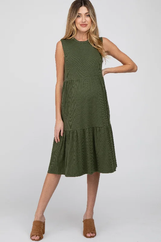 Olive Ribbed Tiered Maternity Midi Dress Trendy Boho Midi Dress