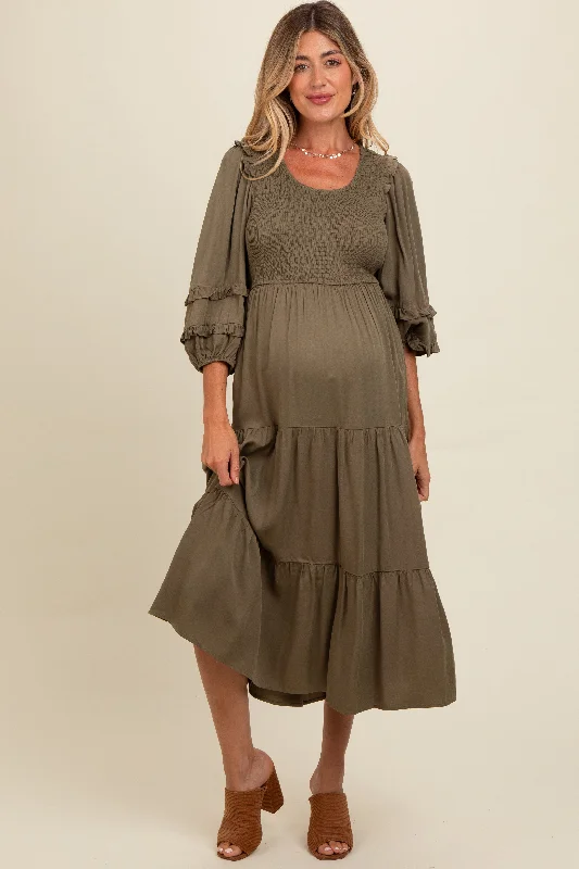 Olive Smocked Ruffle Shoulder Tiered Maternity Midi Dress Fashionable High-Neck Midi Dress Olive Smocked Ruffle Shoulder Tiered Maternity Midi Dress Fashionable High-Neck Midi Dress