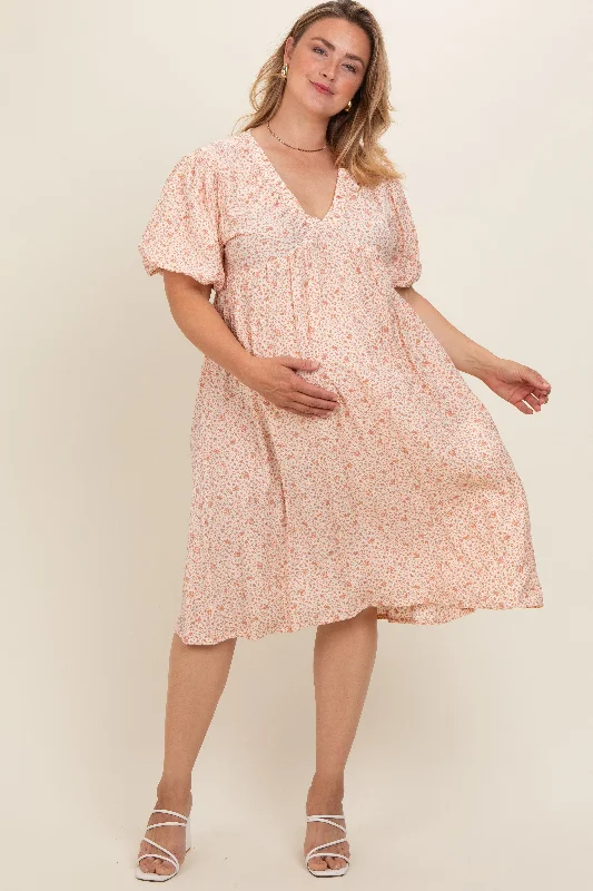 Peach Floral Puff Sleeve Plus Maternity Midi Dress Fashionable Floral Embroidery Midi Dress Peach Floral Puff Sleeve Plus Maternity Midi Dress Fashionable Floral Embroidery Midi Dress
