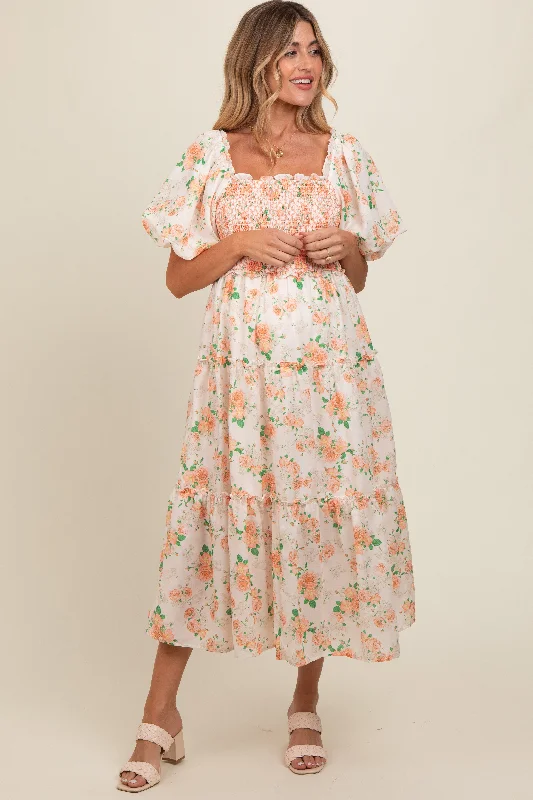 Peach Floral Smocked Puff Sleeve Maternity Midi Dress Elegant Pleated Sleeve Midi Dress Peach Floral Smocked Puff Sleeve Maternity Midi Dress Elegant Pleated Sleeve Midi Dress