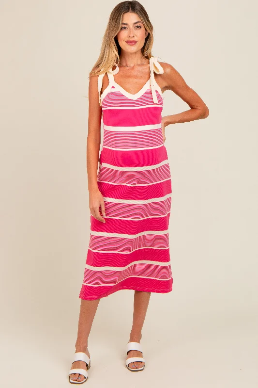 Pink Striped Shoulder Tie Side Slit Maternity Midi Dress Cozy Spaghetti Strap Midi Dress Pink Striped Shoulder Tie Side Slit Maternity Midi Dress Cozy Spaghetti Strap Midi Dress