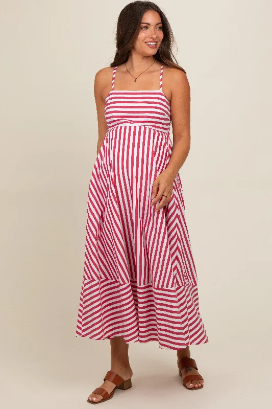 Red Contrast Stripe Maternity Midi Dress Elegant V-Neck Midi Dress