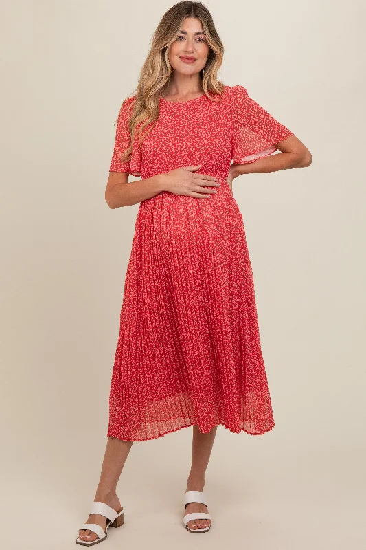 Red Floral Pleated Maternity Midi Dress Stylish Midi Dress with Cuffs