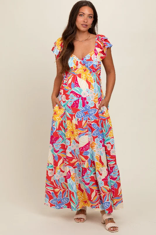 Red Floral V-Neck Layered Flutter Short Sleeve Maternity Midi Dress Trendy Shift Midi Dress Red Floral V-Neck Layered Flutter Short Sleeve Maternity Midi Dress Trendy Shift Midi Dress