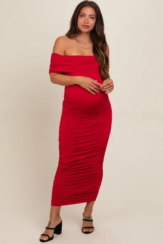 Red Off Shoulder Ruched Maternity Midi Dress Comfortable Knitwear Midi Dress
